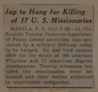 Jap to Hang for Killing of 17 U. S. Missionaries News Article