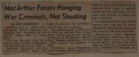MacArthur Favors Hanging War Criminals, Not Shooting News Article