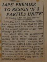 Japs' Premier to Resign 'If 3 Parties Unite' News Article