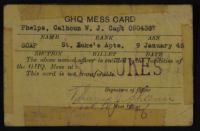 GHQ Mess Card for Capt. Calhoun W. J. Phelps