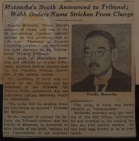Matsuoka's Death Announced to Tribunal; Webb Orders Name Stricken from Charge News Article