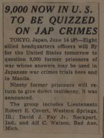 9,000 Now in U. S. to be Quizzed on Jap Crimes News Article