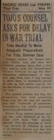 Tojo's Counsel Asks for Delay in War Trial News Article