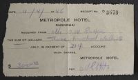 Receipt from Metropole Hotel in Shanghai 11-4-46